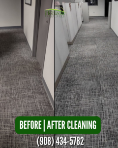 Before and after cleaning of a grey patterned office carpet by Horizon Floor Care in Colonia, NJ