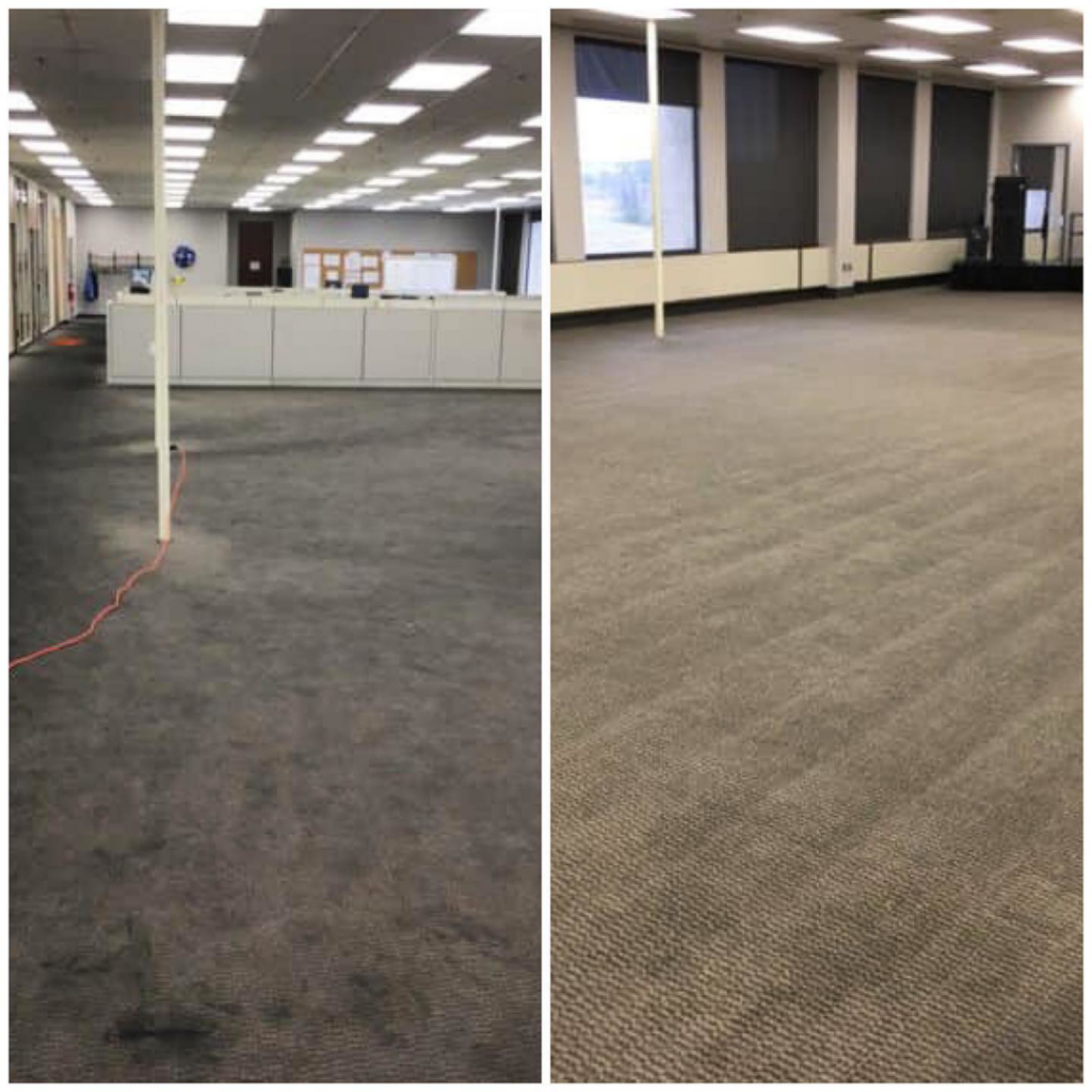 Before and after comparison of a large office carpet after cleaning by Precision Chem-Dry Of DFW in North Richland Hills, TX.