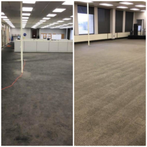 Before and after comparison of a large office carpet after cleaning by Precision Chem-Dry Of DFW in North Richland Hills, TX.
