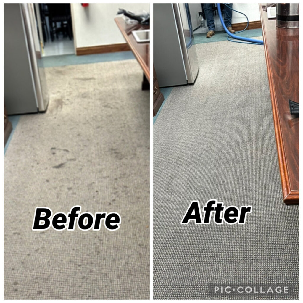 Before and after results of an office carpet cleaning by Sam I Am Carpet Cleaning in Rossville, IN