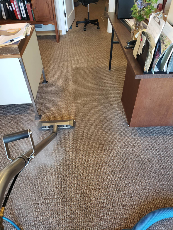 Professional carpet cleaning in an office setting by Green Steam Carpet Clean in Portland, OR, showing a clean path.