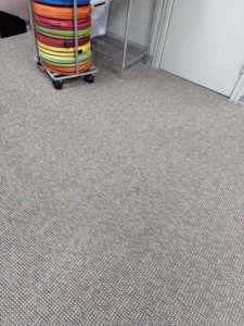 A clean, patterned office carpet next to a storage unit, showcasing work by Hillsboro Carpet Cleaning in Hillsboro, OR.
