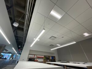 New linear LED lighting installed in a modern office ceiling by Pure Light Electric in Kansas City, MO.