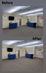 Before and after view of office reception area carpet cleaning by Just Right Carpet Cleaning & Pressure Washing in Washington, IL.