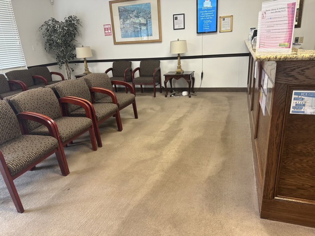 A waiting room carpet showing signs of a recent cleaning job by Heaven's Best Carpet Cleaning Northern VA in Alexandria, VA.