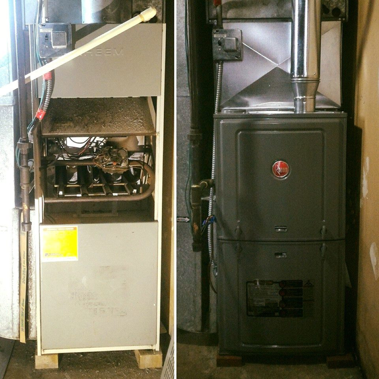 An old furnace next to a newly installed furnace during an HVAC replacement by JRod's Heating & Cooling in Waukegan, IL.