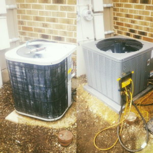 An old and a new outdoor air conditioning unit during an HVAC replacement by JRod's Heating & Cooling in Waukegan, IL.
