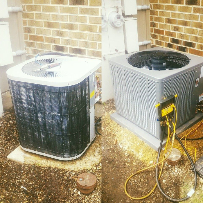 An old and a new outdoor air conditioning unit during an HVAC replacement by JRod's Heating & Cooling in Waukegan, IL.