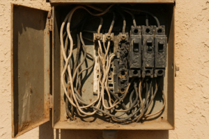 An old, burnt electrical panel with damaged wiring, indicating a repair job by Star Light Electric LLC in Phoenix, AZ