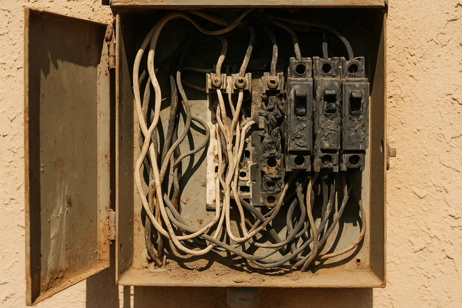 An old, burnt electrical panel with damaged wiring, indicating a repair job by Star Light Electric LLC in Phoenix, AZ