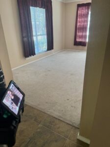 An old, worn carpet in a room before replacement by Texas Tuff Floors in Dallas, TX
