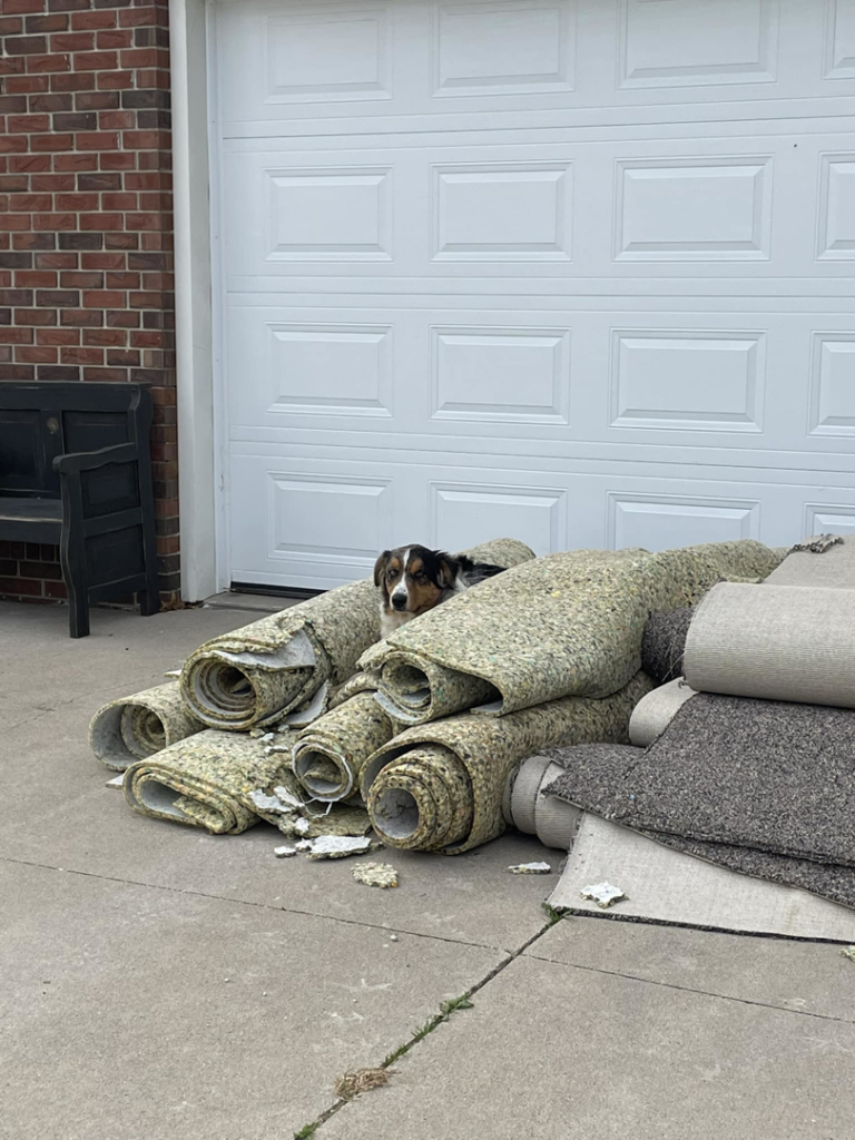Rolls of old carpet and padding removed from a home by 515 Flooring, LLC in West Des Moines, IA.
