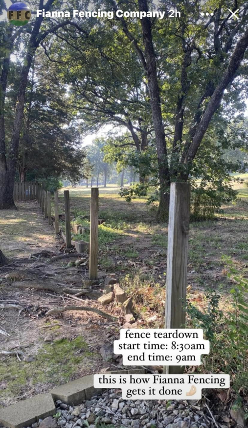 An old fence teardown project showing removed posts and debris by Fianna Fencing Company in Fort Smith, AR.
