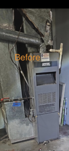 An old furnace unit before replacement by F&S Heating And Cooling in Elgin, IL.