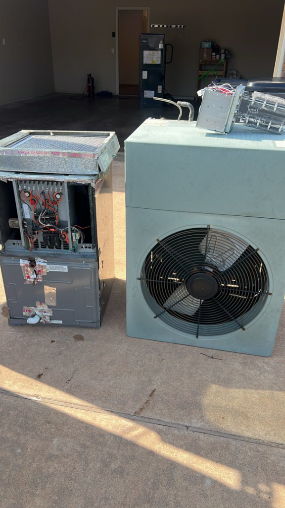 Old outdoor AC unit and indoor furnace removed by Call The Doc Air Doctor Heating, Air Conditioning and Plumbing in Richardson, TX.
