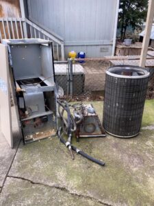 Old HVAC units removed for replacement by S&A Heating And Cooling in Cornelius, OR.
