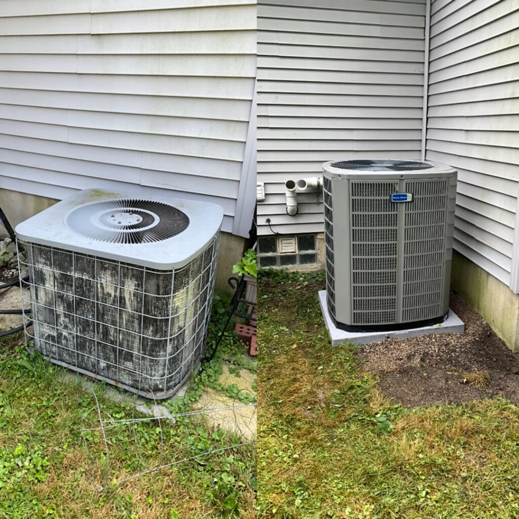 Before and after of an old outdoor AC unit replaced with a new, efficient model by Supertech Home Services in Warren, MI.