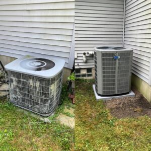 Before and after of an old outdoor AC unit replaced with a new, efficient model by Supertech Home Services in Warren, MI.
