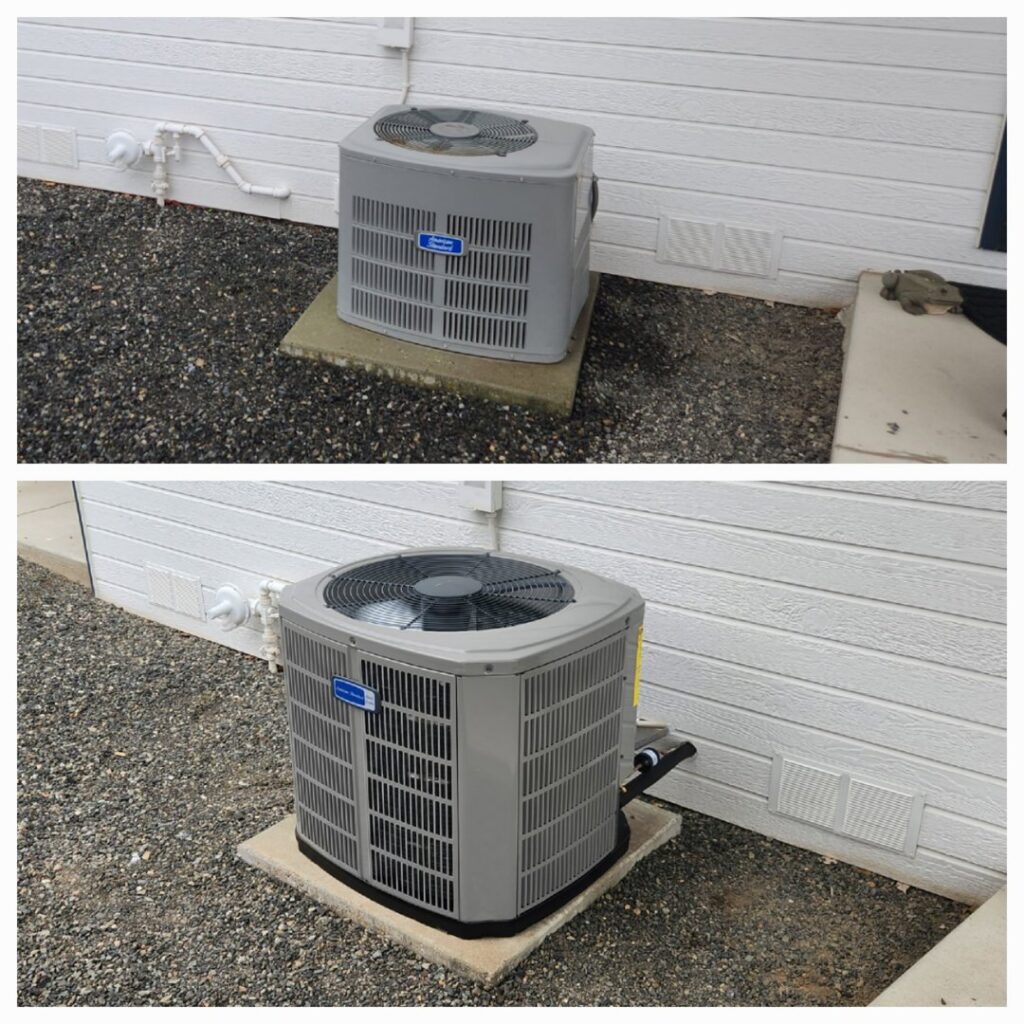 An old outdoor AC unit replaced with a new American Standard unit by Theisen Heating, Air Conditioning & Furnace Cleaning, Yakima, WA.
