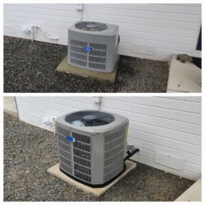 An old outdoor AC unit replaced with a new American Standard unit by Theisen Heating, Air Conditioning & Furnace Cleaning, Yakima, WA.