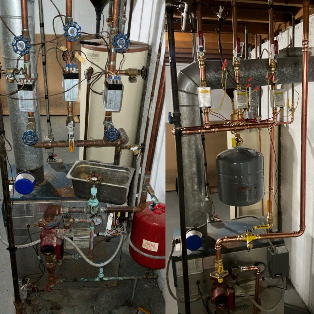Before and after photos of an outdated boiler and hydronic heating system upgraded by Supertech Home Services in Warren, MI.