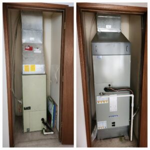 An old furnace and air handler replaced with a new American Standard unit by Theisen Heating, Air Conditioning & Furnace Cleaning, Yakima, WA.