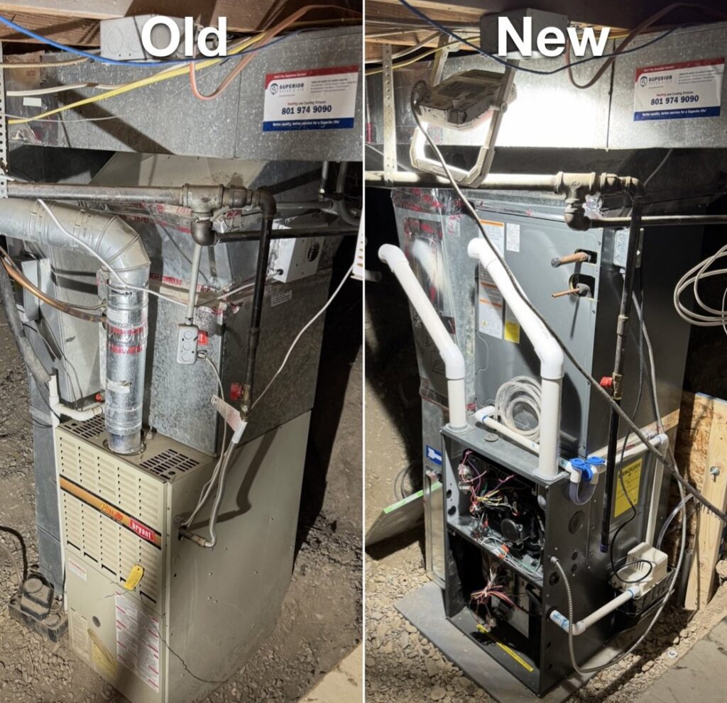 Old and new furnace units during an HVAC installation by LeoAir, LLC in West Jordan, UT.