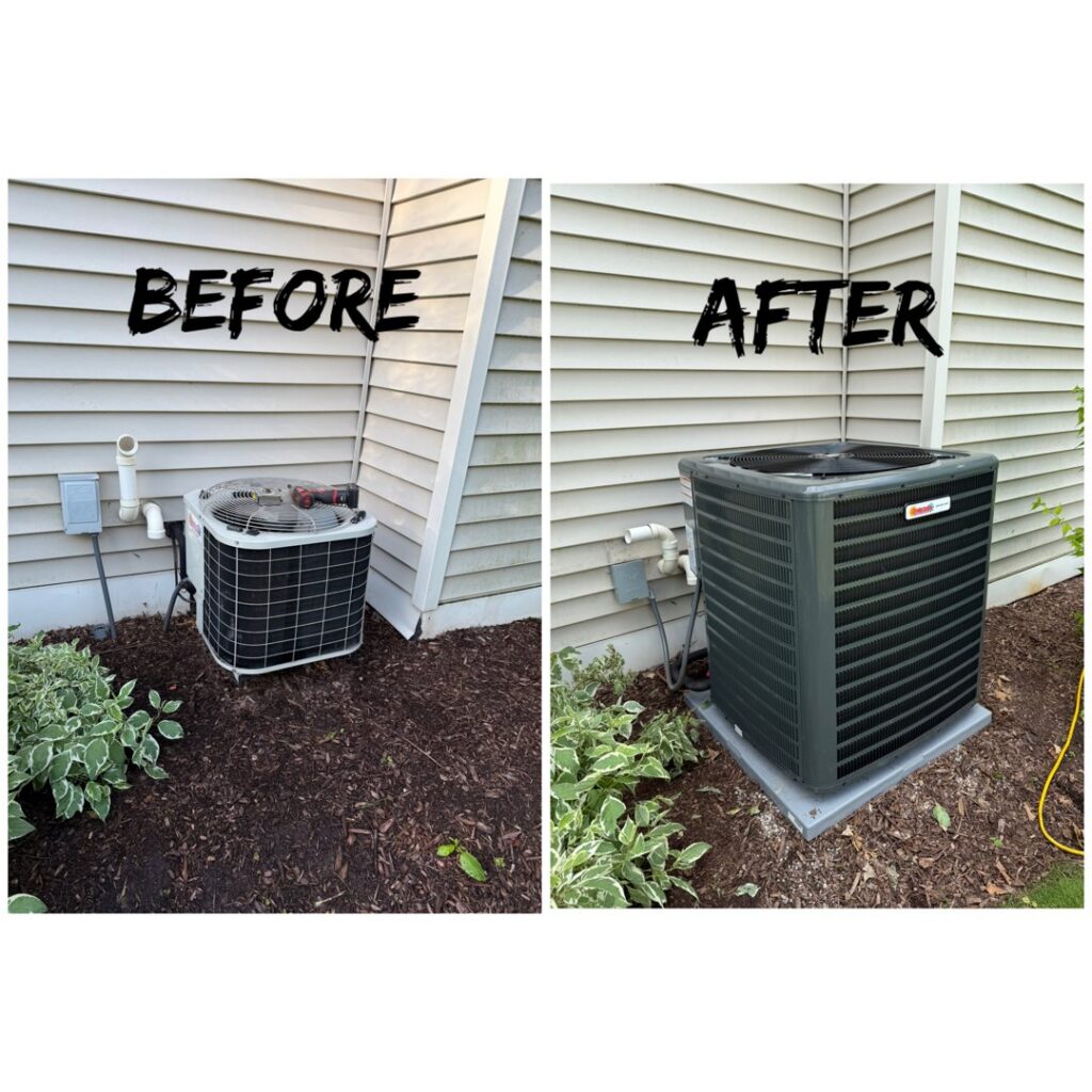 Before and after photos of an old and new outdoor AC unit replacement by Complete Comfort Heating & Cooling in Kenosha, WI.