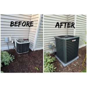 Before and after photos of an old and new outdoor AC unit replacement by Complete Comfort Heating & Cooling in Kenosha, WI.