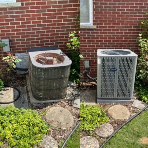 An outdoor AC unit before and after replacement, showing the upgrade performed by Supertech Home Services in Warren, MI.
