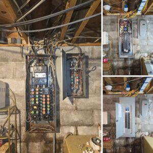 A collage comparing an old, outdated electrical panel with a new, upgraded panel installed by Grounded Electric LLC in Smithfield, VA.