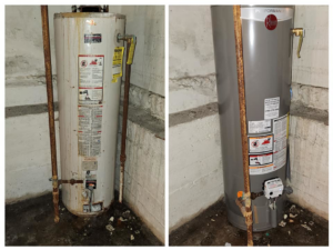 Before and after photos of an old water heater replaced with a new Rheem unit by HOP 2 IT LLC in Austin, TX.