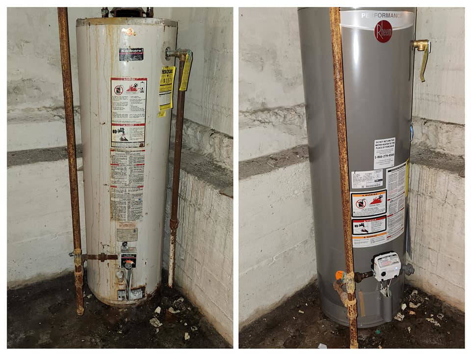 Before and after photos of an old water heater replaced with a new Rheem unit by HOP 2 IT LLC in Austin, TX.