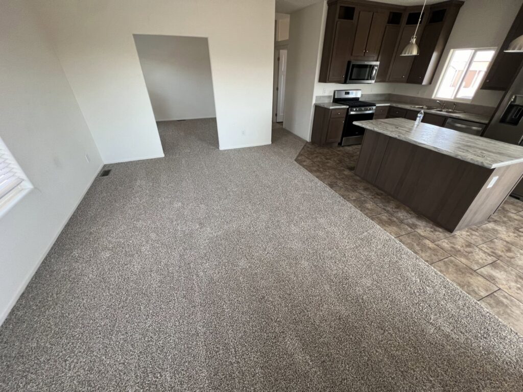 An open-concept living area featuring new grey carpet seamlessly transitioning to tile, installed by Canyon State Flooring in Queen Creek, AZ.
