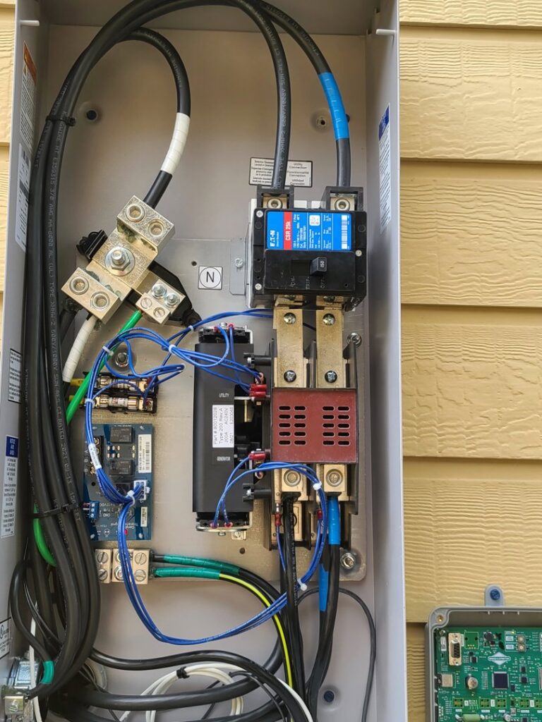 An open electrical box revealing complex wiring and circuit breakers, showcasing work by BrotherlyLove Electric LLC in Houston, TX.
