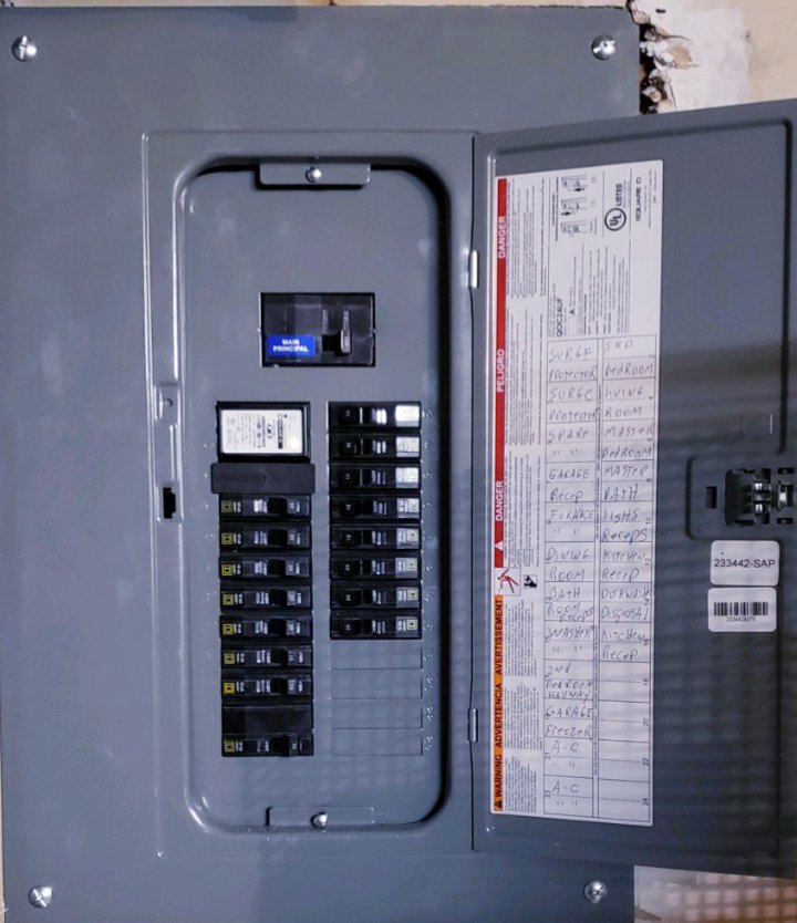 An open electrical breaker panel with labeled circuits, ready for inspection or service by Certified Electrician Albuquerque NM.