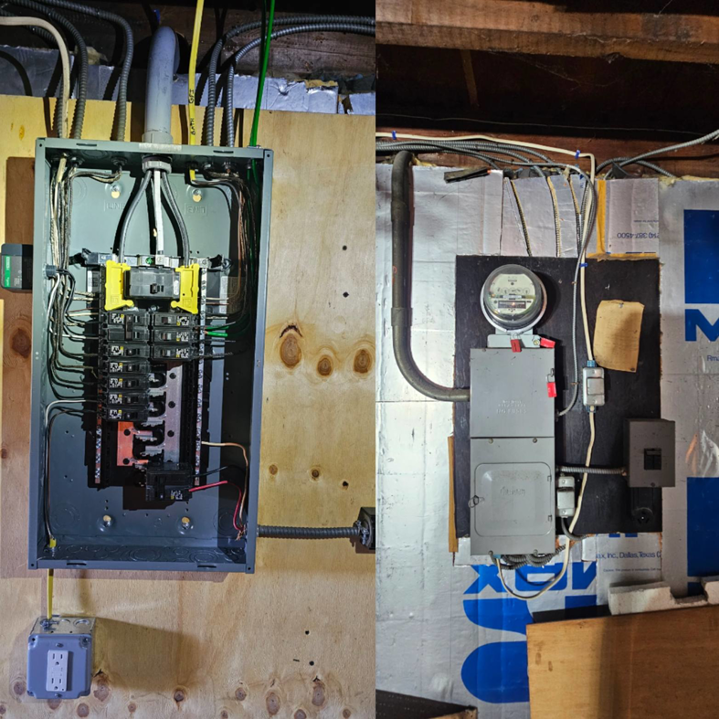 An open electrical panel with breakers and an exterior electrical meter, serviced by Joey G Electric LLC in Waterbury, CT.