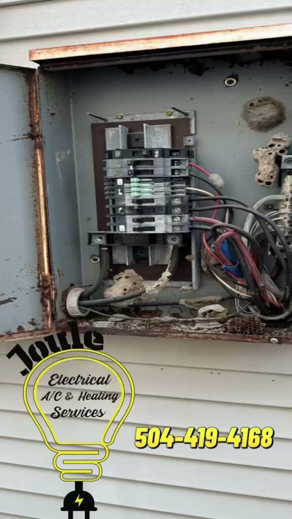 An open electrical panel showing wiring and components during an inspection by Joule Electrical A/C & Heating Services in New Orleans, LA.