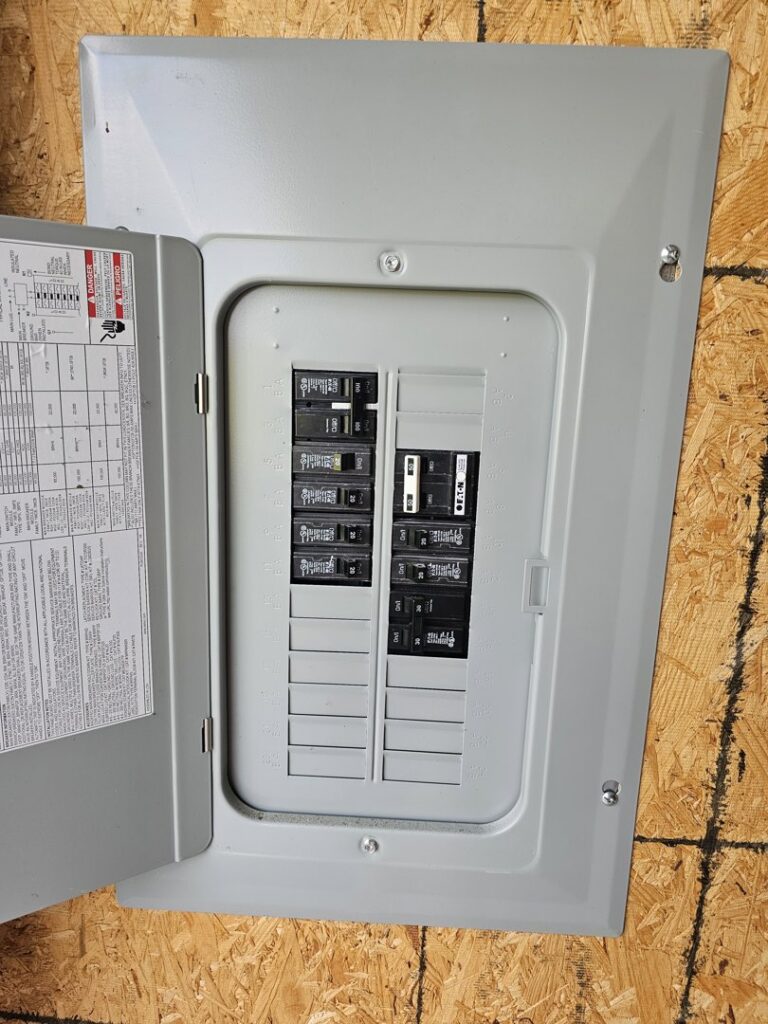 An open electrical sub-panel with circuit breakers mounted on plywood, installed by Titus & Son's Electric in Bluffton, IN.