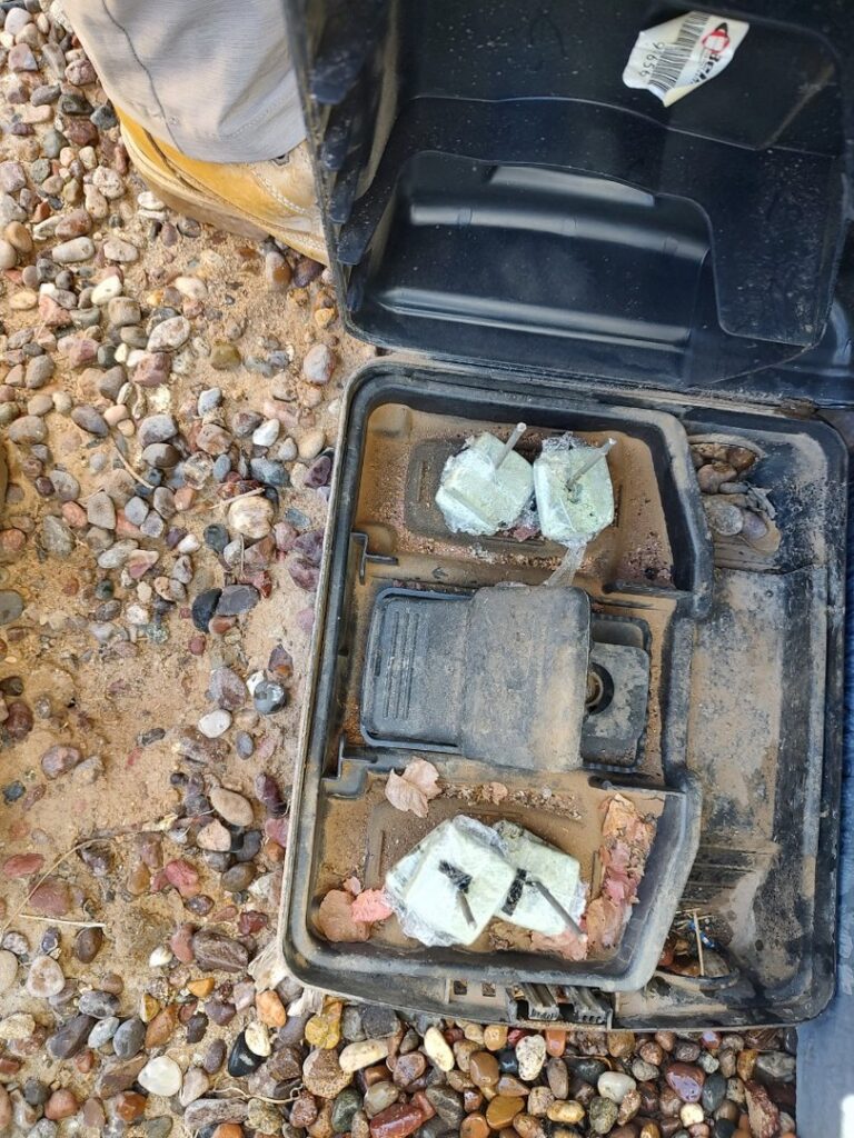 An open pest bait station with bait blocks visible inside, placed on gravel, demonstrating rodent control by Bernard's Pest in Glendale, AZ.