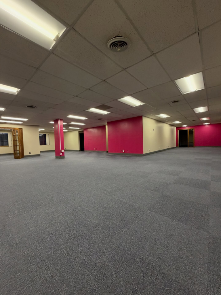 An expansive open-plan office area with recently installed blue carpet tiles by Basics Flooring in Natick, MA.