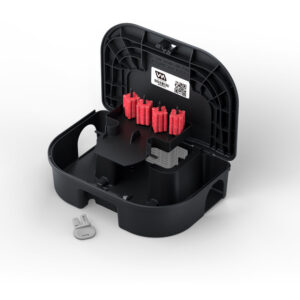 An open rodent bait station with red bait blocks inside, used by VM Products for pest control in Arlington, TX