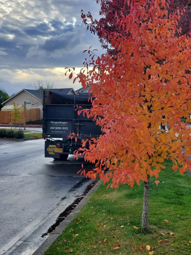 An OregonScapes branded work truck parked next to a well-maintained lawn, ready for professional lawn care in Eugene, OR.