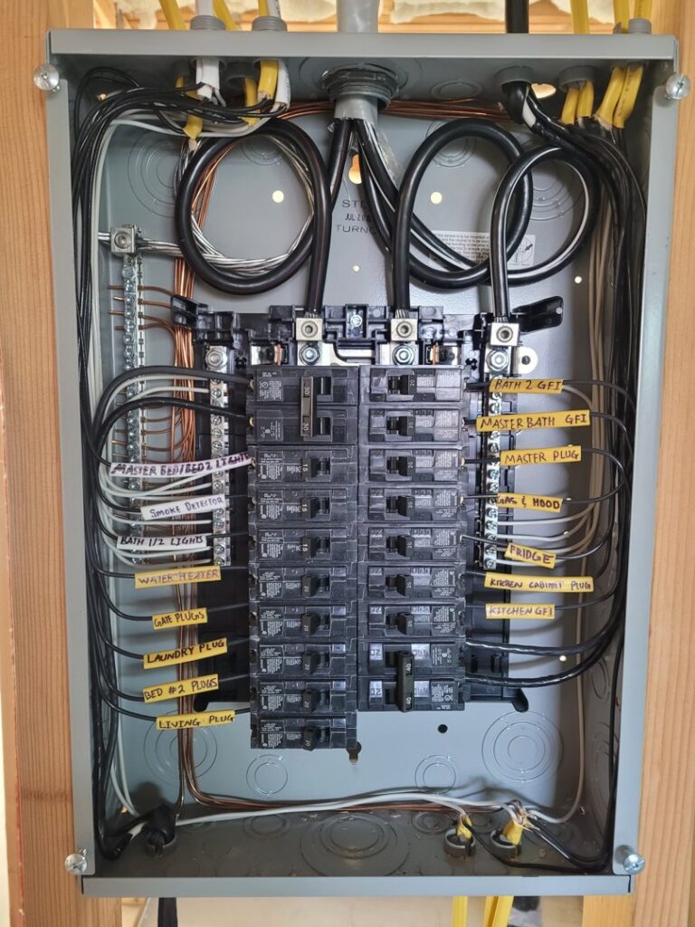An organized electrical panel with labeled wiring and circuit breakers by Positive Electricians in Van Nuys, CA.