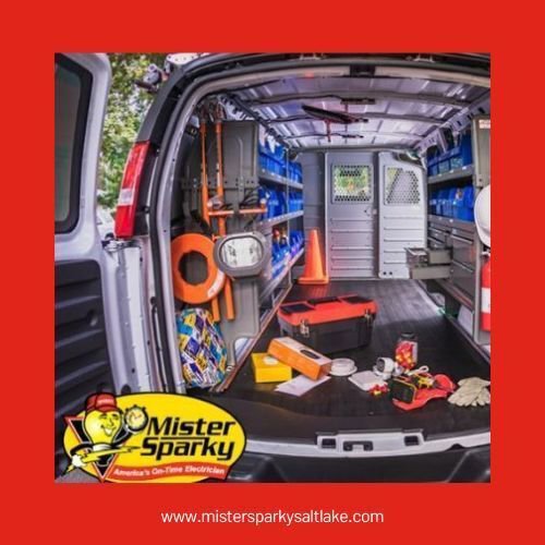 The organized interior of a Mister Sparky NWA service van, equipped with tools for electrical jobs in Springdale, AR.