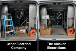An organized work van interior showcasing tools and supplies for The Alaskan Electricians in Anchorage, AK.