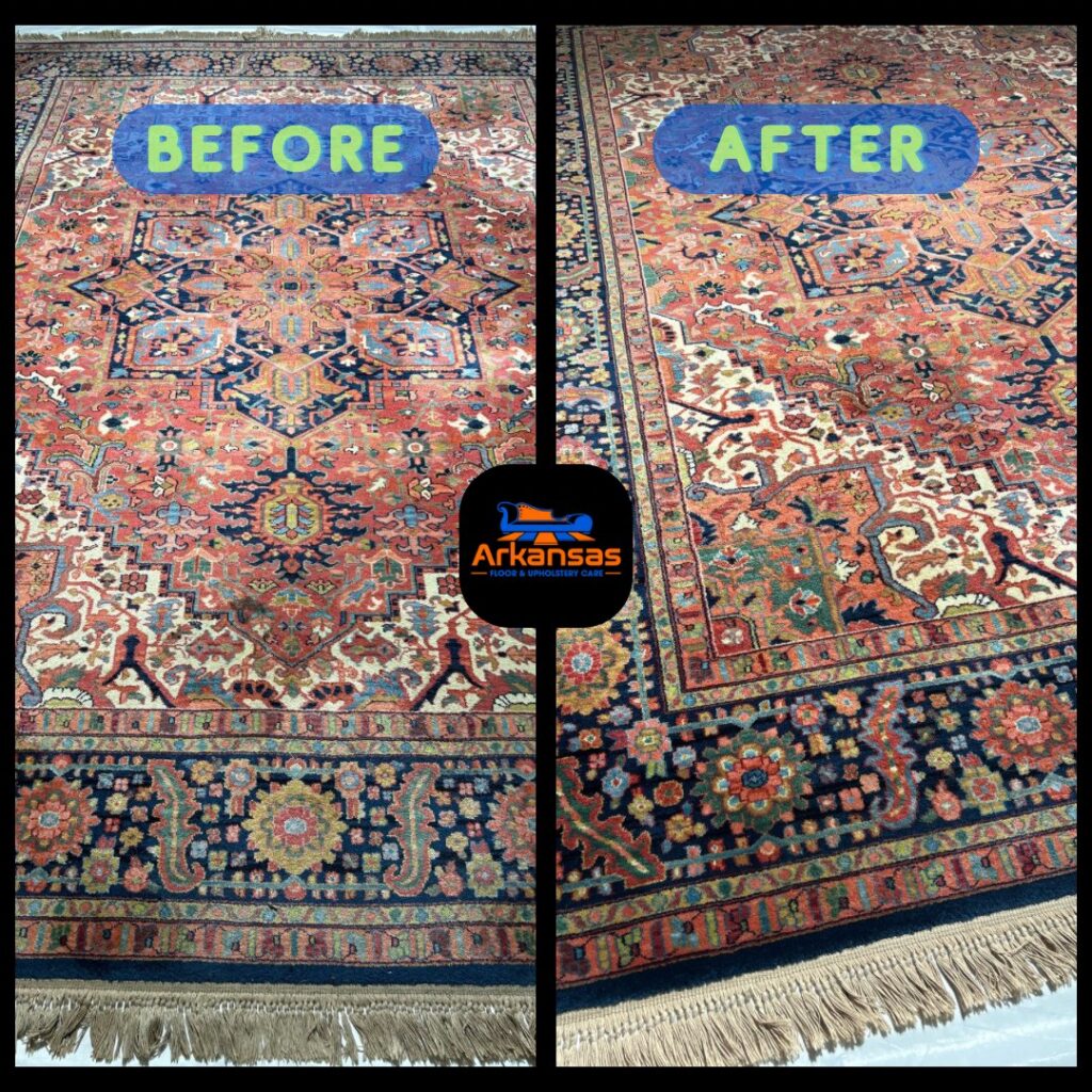 Before and after professional cleaning of an oriental area rug by Arkansas Floor and Upholstery Care LLC in Fort Smith, AR.