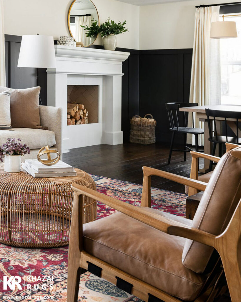 A beautiful oriental area rug complementing a modern living room design by Khazai Rugs in Lexington, KY