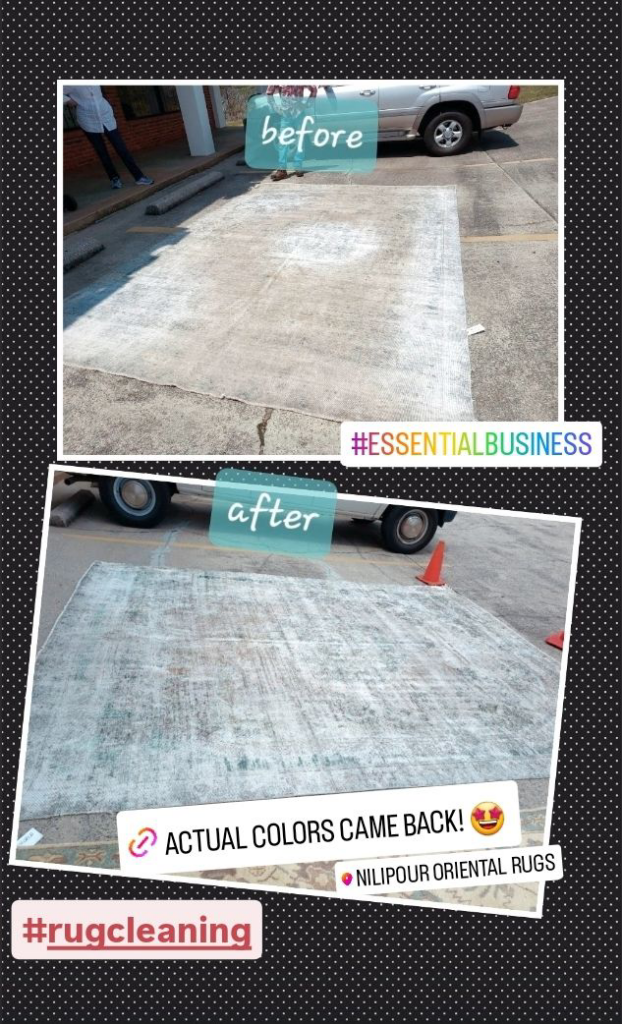 Before and after comparison of a large oriental rug being professionally cleaned by Nilipour Oriental Rugs in Homewood, AL