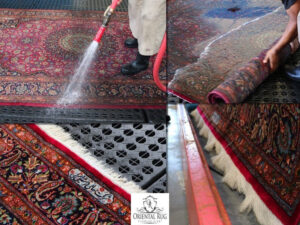 A collage showing various steps of the oriental rug cleaning process at Oriental Rug Cleaning Facility in Tampa, FL